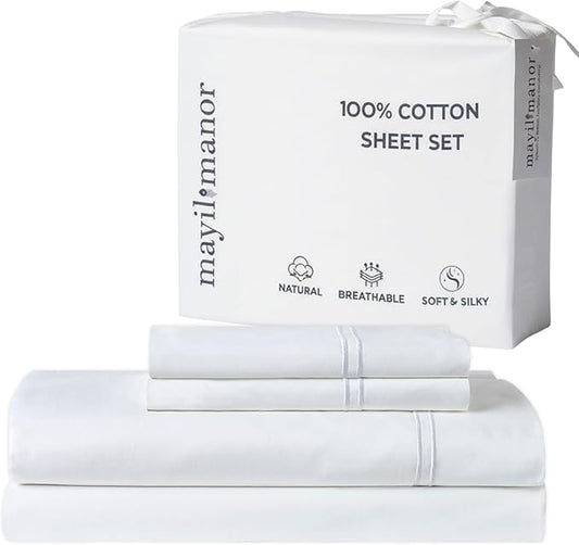 100% Natural Cotton Bed Sheets | 500 TC Single-Ply Sateen Weave Full Size Sheets | Soft, Breathable, Hypoallergenic Solid 4-Piece Bedding with Deep Pocket Fitted, Flat, Pillowcase | White