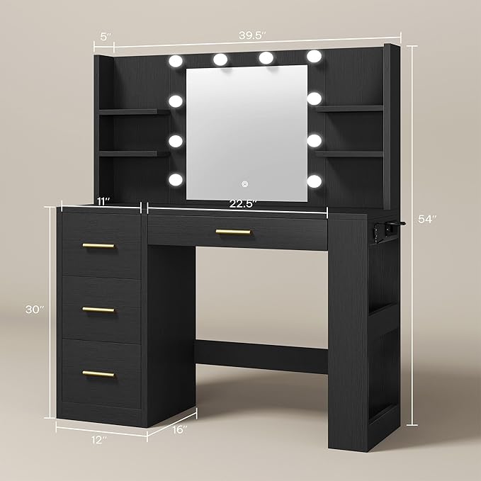 DWVO Vanity Desk with Mirror, Power Outlet and 10 Lights, Big Vanity Makeup Table with 4 Drawers and 8 Open Storage Shelves, 3 Color Modes Adjustable Brightness for Bedroom, Black