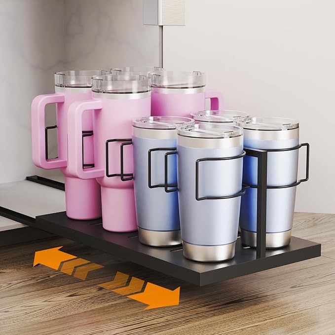 Pull Out Stanley Cup 0rganizer, Tumbler Organizer for Cabinets, Stainless Steel Water Bottle Organizer for 16 to 40oz Cup, Black