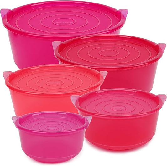 Large Plastic Mixing Bowls with Lids Set, 5PCS Stylish Ombre Pink Nesting Salad Bowls with Airtight Lids, BPA-Free Kitchen Bowls, Size 4.65, 3.7, 2.75, 1.43, 0.74QT, Great for Mixing & Serving