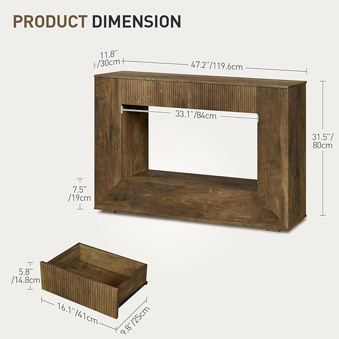 Farmhouse Console Table, 47 Inches Wooden Entryway Table with Storage, Fluted Sofa Table with 2 Handle-Less Drawers, for Entryway, Living Room, Foyer, Hallway, Dark Brown