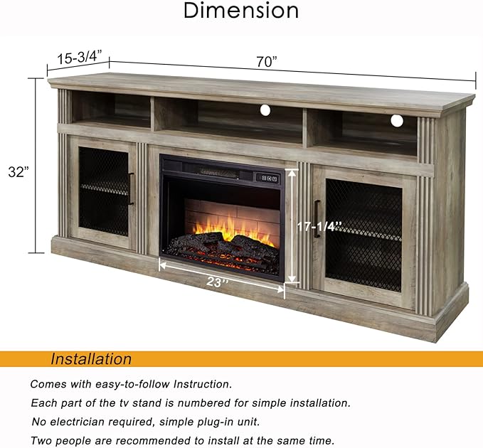 Cheerway 3D Fireplace TV Stand for TVs up to 80’’, Wooden Media Entertainment Center Table & TV Cabinets w/Storage Shelves & Barn Door, Electric Fireplace w/Remote Control & Adjustable Flame