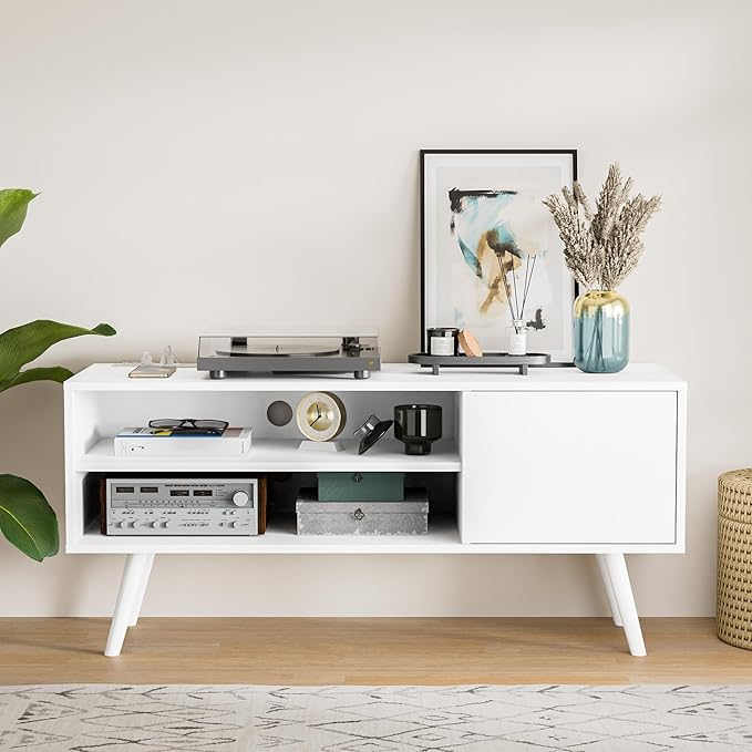 Cozy Castle TV Stand for 48 Inch TV, Mid Century Modern Entertainment Center with Storage Cabinet, TV Media Console with Charging Station for Living Room, Bedroom, White