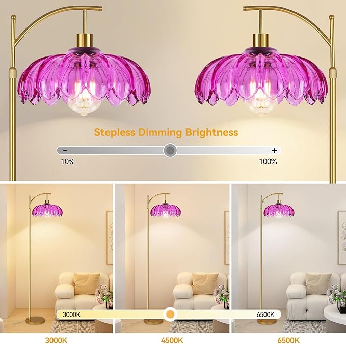 Vintage Floor Lamps for Living Room Arc Floor Lamp with Remote Control & Glass Lampshade,Mid Century Modern Standing Lamp Gold Tall Flower Lamp for Bedroom Living Room Corner