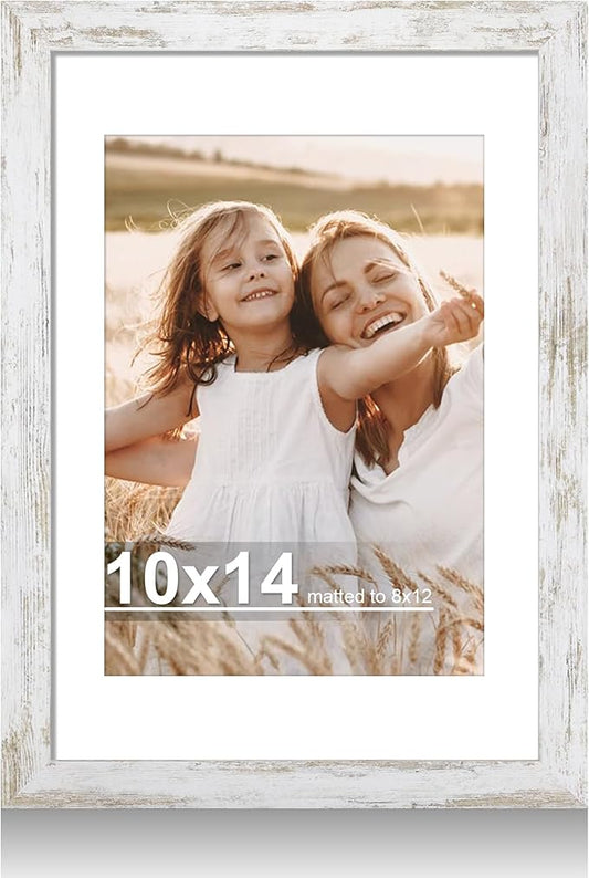 10x14 Picture Frame with Real Glass - 8x12 Wooden Frame with Mat, Horizontal and Vertical Display for Wall or Tabletop (Distressed White, 1 Pack)