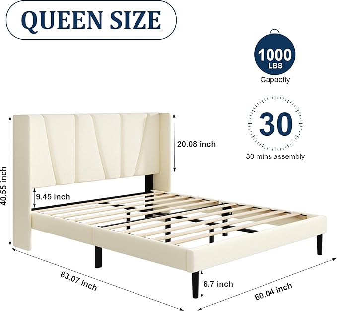 Queen Bed Frame with Headboard and Wingback, Velvet Upholstered Platform Bed, Mattress Foundation with Wooden Slat Support, No Box Spring Needed, Easy Assembly, Noise Free, Beige