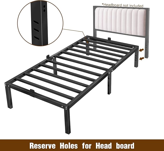 16 inch Twin Bed Frame with Headboard Hole,Metal Twin Size Bed Frame no Box Spring Needed with Storage Space Under Bed,Max 3900lbs Heavy Duty Steel Slats Noise-Free