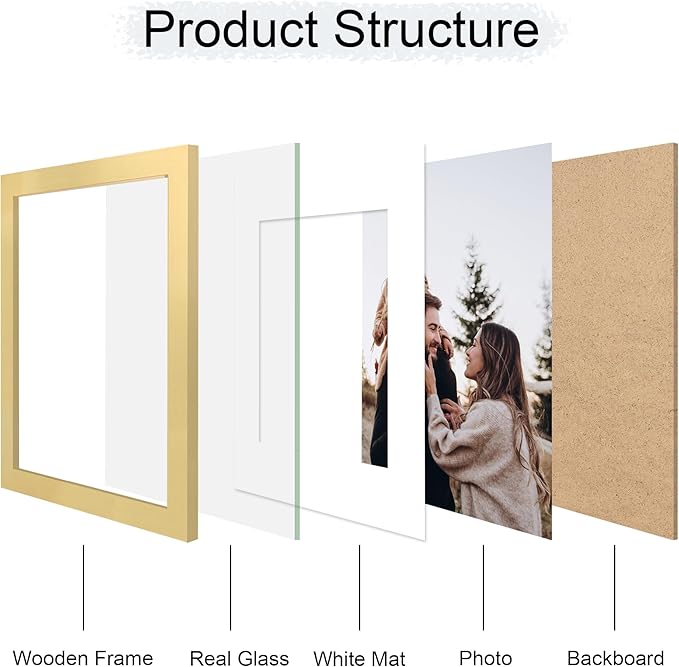 11x14 Picture Frame Set of 4, 11 x 14 Wood Photo Frames with Mat for 8x10, Wooden Frame with Real Glass Cover for Wall and Tabletop Display,Gold