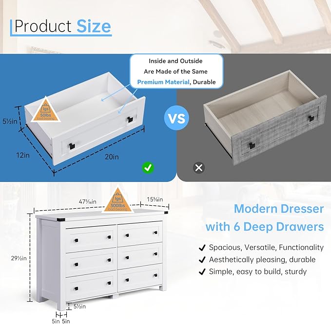 White Dresser for Bedroom with 6 Drawers, Modern Chest of Drawers, Wood Rustic Wide Storage Drawers Dressers Organizer for Closet, Living Room, Hallway