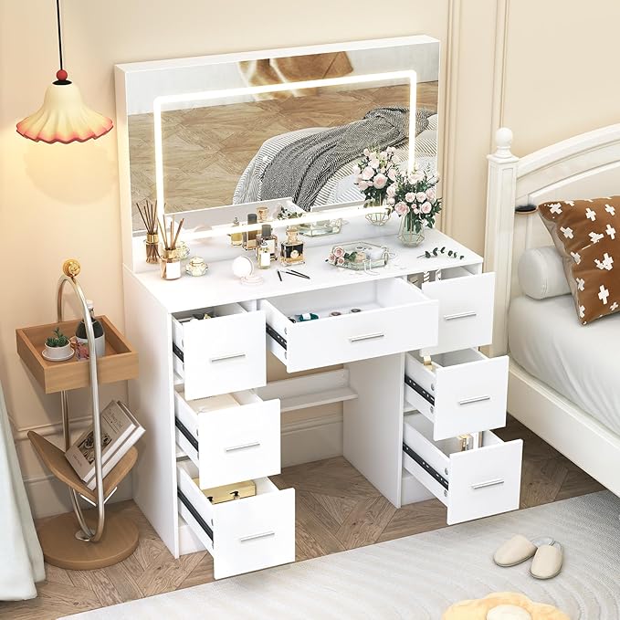 Vanity Desk with Mirror and LED Lights, 40" W Makeup Vanity Desk with 7 Drawers and Super Large Mirror, Derssing Table with 3 Color Modes and Adjustable Brightness, Modern Makeup Table