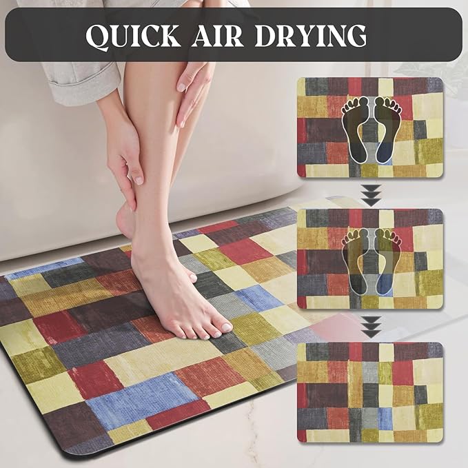 MontVoo -Bath Mat-Non Slip Thin Bathroom Rugs Fit Under Door- Quick Dry Absorbent Faux Suede Surface Grey Bathroom Floor Mats-Shower Rug for in Front of Bathtub Shower Retro Colors Plaid 17x27.5