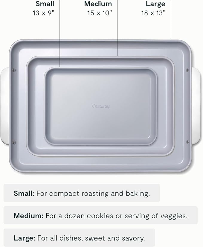 Caraway Non-Stick Ceramic Baking Sheet Trio - Naturally Slick Ceramic Coating - Non-Toxic, PTFE & PFOA Free - 18 x 13" Large, 15 x 10" Medium, & 9" x 13" Small - Slate