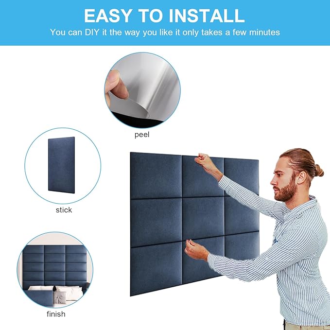Upholstered Wall Mounted Headboard, 3D Soundproof Wall Panels Peel and Stick - King Size, Tufted, Blue (12 Panels, 10" x 24")