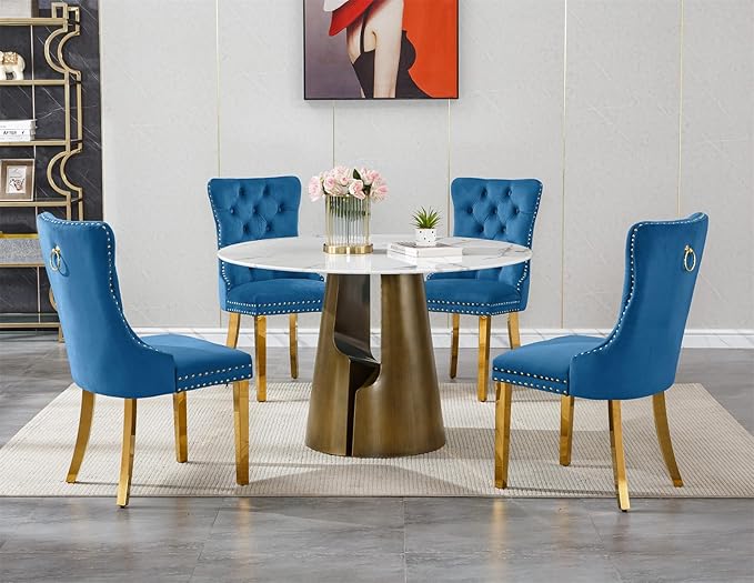 5-Piece Faux Marble Round Dining Table Set for 4, Modern Luxury Kitchen Table Set for 4 with Blue Tufted Chairs,Circle Dining Tables with White Marble Grain Top and Bronze Pedestal Base
