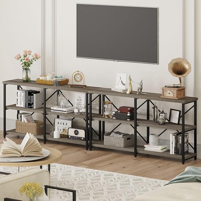 BON AUGURE 55 Inch Console Tables for Entryway, Industrial Sofa Tables for Living Room, 3 Tier Behind Couch Table, Foyer Table for Entry Way (Dark Grey Oak)