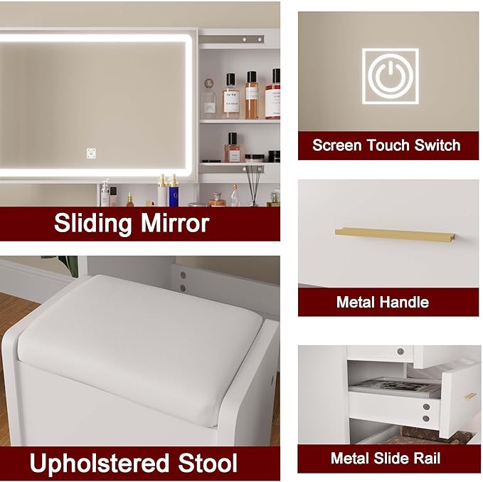Vanity Desk with Mirror and Lights, 31.5" Makeup Vanity with Sliding Mirror and 3 Light Modes, Modern Vanity Table with 5 Drawers, Hidden and Open Storage Shelves, Makeup Desk for Bedroom, White