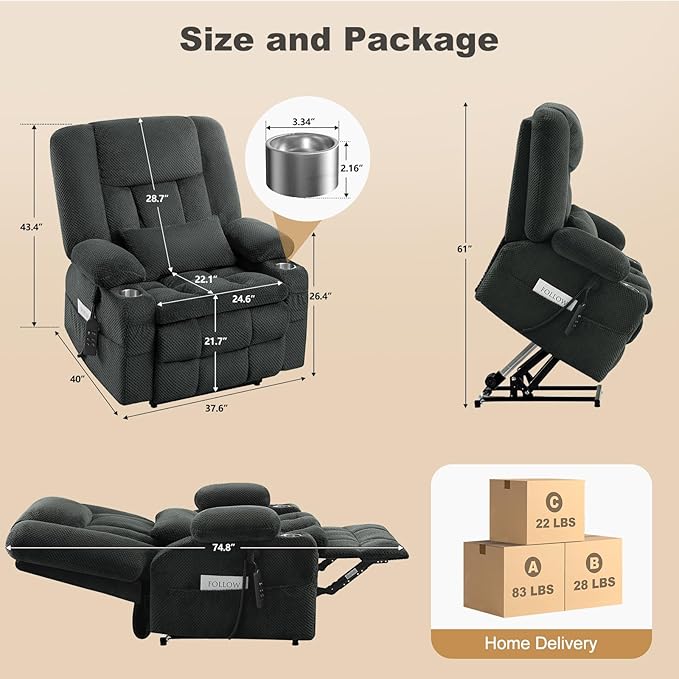Large Dual Motor Power Lift Recliner Chair with Massage and Heat for Big Elderly People,USB & Type C Ports,Oversized Electric Lay Flat Recliners,Infinite Position,Side Pockets,Cup Holders(Grey)