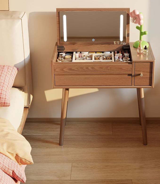 KungFuWood Wood Vanity Desk with Mirror and Lights, Dressing Vanity Table Vanity Set 3 Drawers, 32 Inch Large Make Up Vanity Table Wooden with 3 Lighting Modes (W32 inch walunt Wood)