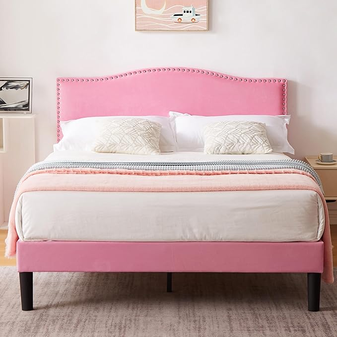 VECELO Full Bed Frame, Platform Bed Frame with Adjustable Height Upholstered Headboard, Heavy-Duty Frame and Strong Wooden Slats Support, Non-Slip and Noise-Free, Easy Assembly, Pink
