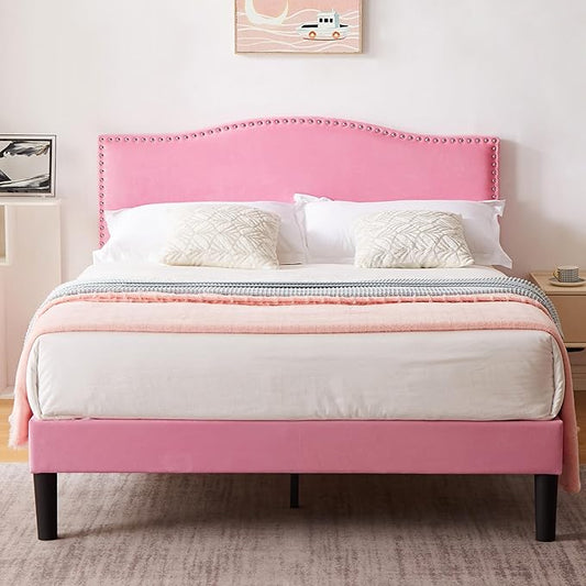 VECELO Queen Bed Frame Platform Bed Frame with Upholstered Headboard, Strong Frame and Wooden Slats Support, Strong Weight Capacity, Non-Slip and Noise-Free, Easy Assembly,Pink