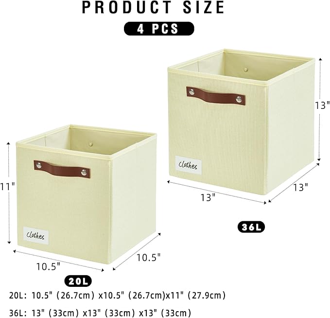 Collapsible Fabric Storage Cube Bins with 2 Reinforced PU Handles, Foldable Storage Organizer Baskets for Closet, Shelves, Living Room | 11"x11"x11", 4 Pack, Full Beige