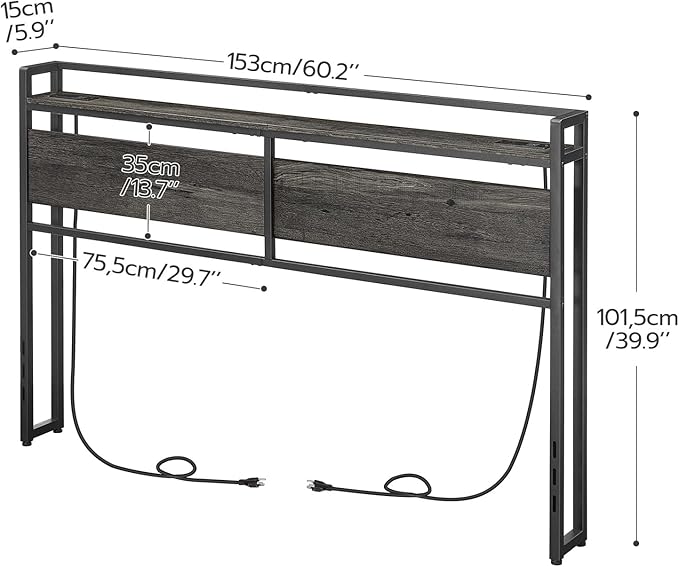 HOOBRO Headboard Queen Size, Headboard with 2 Outlets and 4 USB Ports, Adjustable Height, Storage Rack, Sturdy and Stable, Easy Assembly, Charcoal Gray and Black