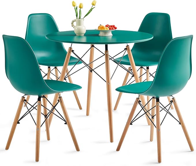 Round Dining Table Set for 4 31.5" Wood Dinner Table Circle Dining Table Kitchen Table Chairs Set of 4 with Wood Strip Base for Kitchen Living Room Space Saving Apartment(Green)