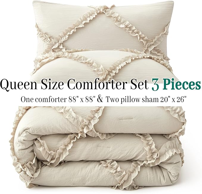 Bonlino Queen Comforter Set Soft Bedding - 3 Pcs Tufted Decor Fluffy Comforter Boho Bed in a Bag with Cute Lightweight Pillowcase for Dorm Farmhouse Bedroom Luxury Gift(Wheat)