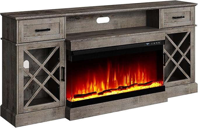3-Sided Farmhouse LED Fireplace TV Stand, 70" Large Entertainment Center Glass Doors for TVs up to 80", Modern Wood Grain High-Gloss TV Storage Cabinet for Living Room, Light Grey