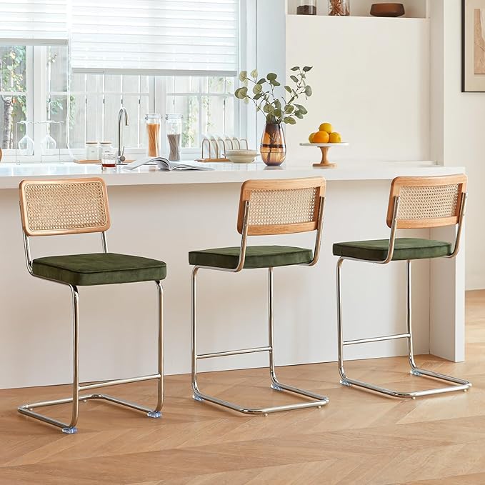 Natural Rattan Bar Stools Set of 3 with Solid Wood Back, 29 Inch Mid Century Modern Counter Height Stools, Green Upholstery Boho Stool for Kitchen Counter with Chrome Metal Legs