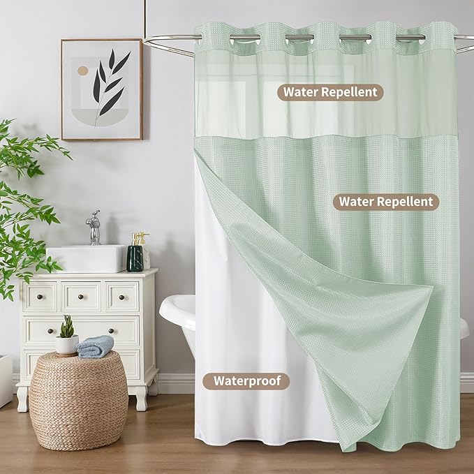 No Hook Shower Curtain with Snap in Fabric Liner, Waffle Weave Heavy Duty Thick Shower Curtains with Mesh Top Window, Hotel Style Waterproof Bathroom Curtain Set, 72 x 75 Inch, Mint Green