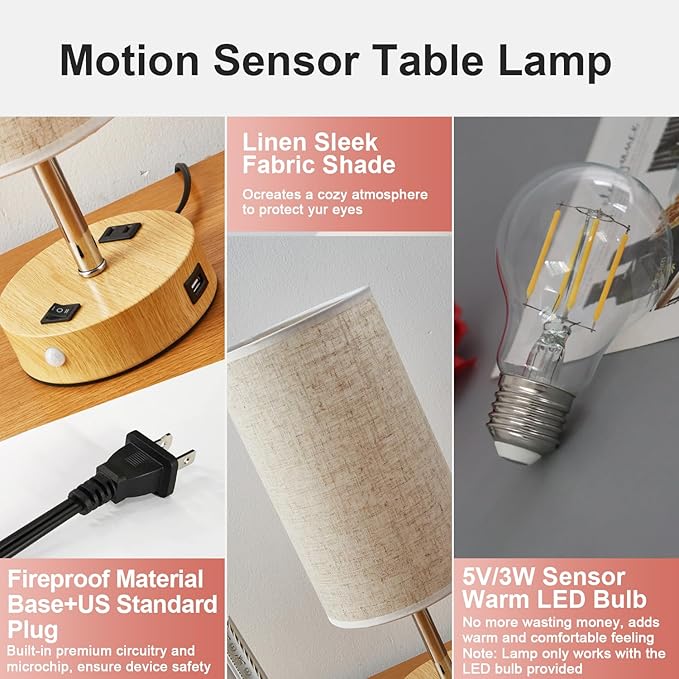Table Lamp with Motion Sensor or Constant on Mode, USB Lamp Include One LED Bulb, Built in 1 USB Port & 1AC Outlet, Bedside Lamp Idea for Bedroom, Hallway, Bath Room