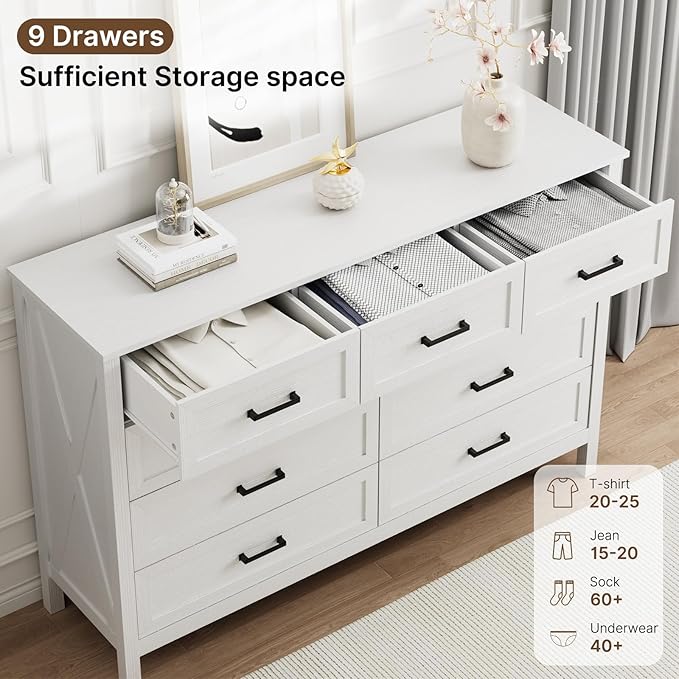 LYNSOM Farmhouse 9 Drawer Dresser for Bedroom, 55 Inch Wide Wood Rustic Chest of Drawers with X-Marking & Bar Handle, Large Storage Dressers Organizer for Bedroom, Living Room, White