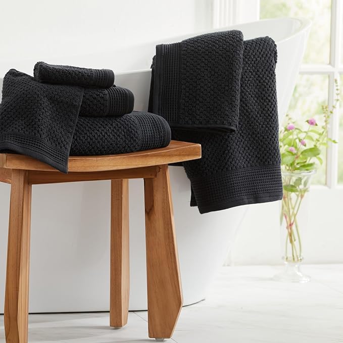 Belle Collection 6 Piece Waffle Textured 100% Cotton Towel Set | Super Soft Quick Dry Bath & Hand Towels | Decorative Washcloths for Bathroom (Black)
