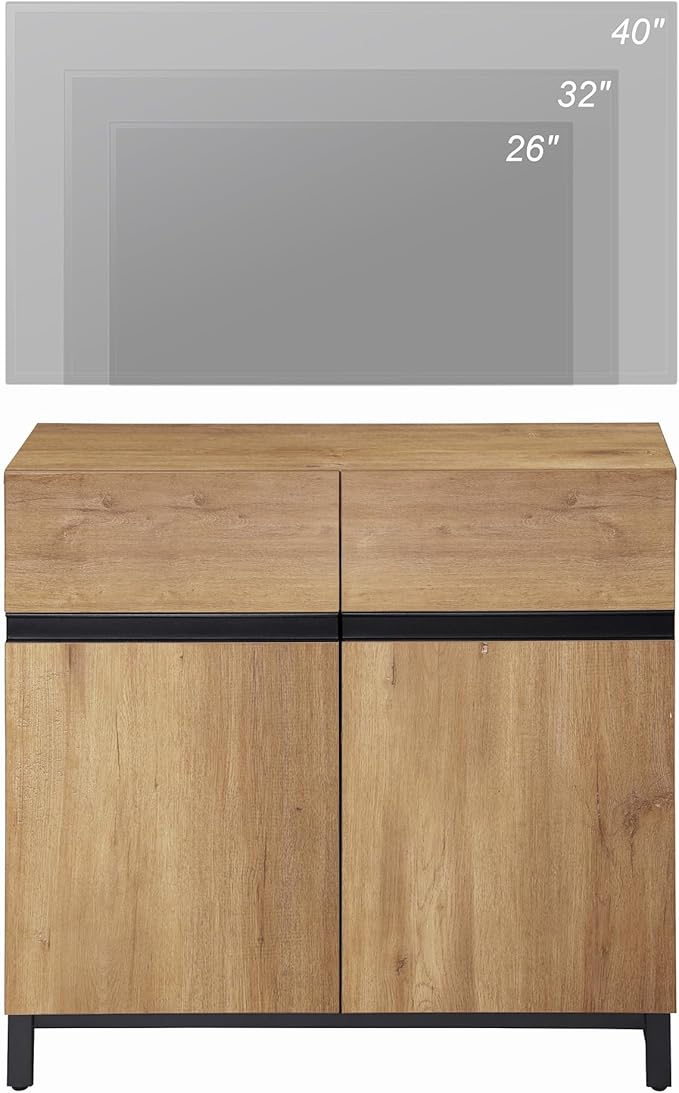 WAMPAT Modern TV Stand for 75-110 Inch TVs, Oak Wooden Entertainment Center with Metal Base & Adjustable Shelves, 31.5 Inch, Living Room, Bedroom