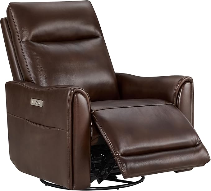 Watson & Whitely Genuine Leather Power Recliner Chairs for Adults, Swivel Glider Recliner Chair for Living Room with Charging Ports, Dark Brown