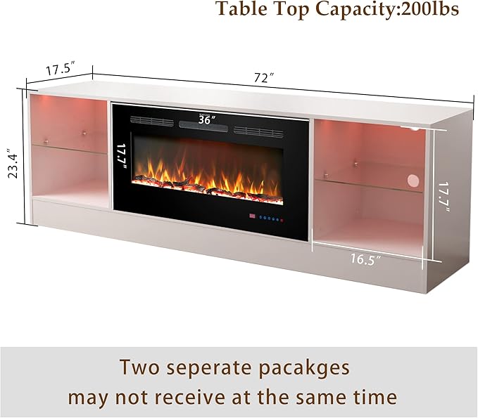 Fireplace 72" TV Stand, Entertainment Center with 36" Electric Fireplace, LED Light Wood Storage Cabinet Table, Media Console for TVs Up to 80", Thermostat, 13 Flame Colors, White