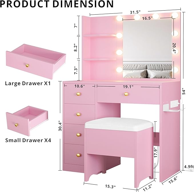 IRONCK Vanity Desk with Mirror and Lights, Small Makeup Vanity Table with 5 Drawers, Power Outlet, and Vanity Stool, 3 Lighting Colors, Dressing Table for Women Girls Bedroom, Pink