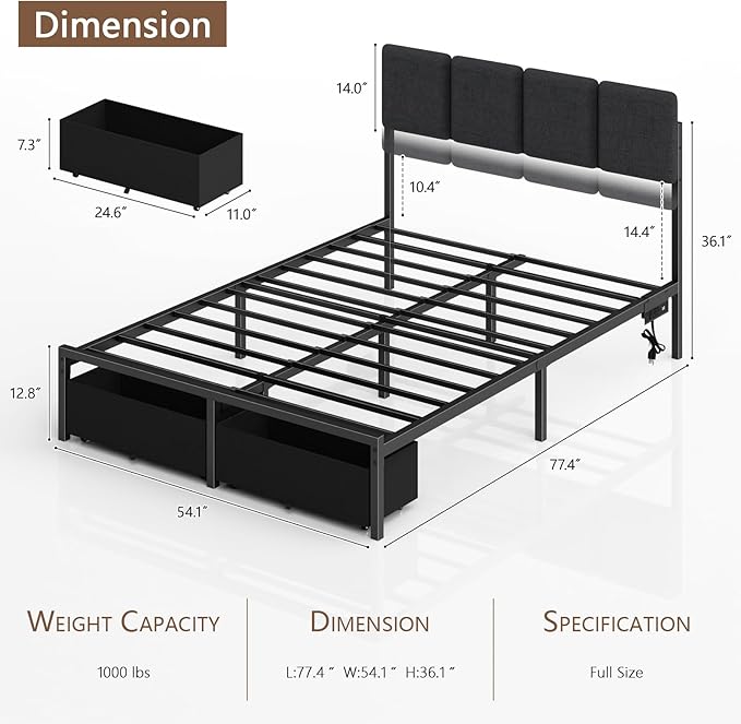 Furnulem Full Size Bed Frame with Headboard,Upholstered Bed Full with LED Light,USB Charging Station,Platform Bedframe with 2 Fabric Underbed Storage Drawers,No Spring Box Needed