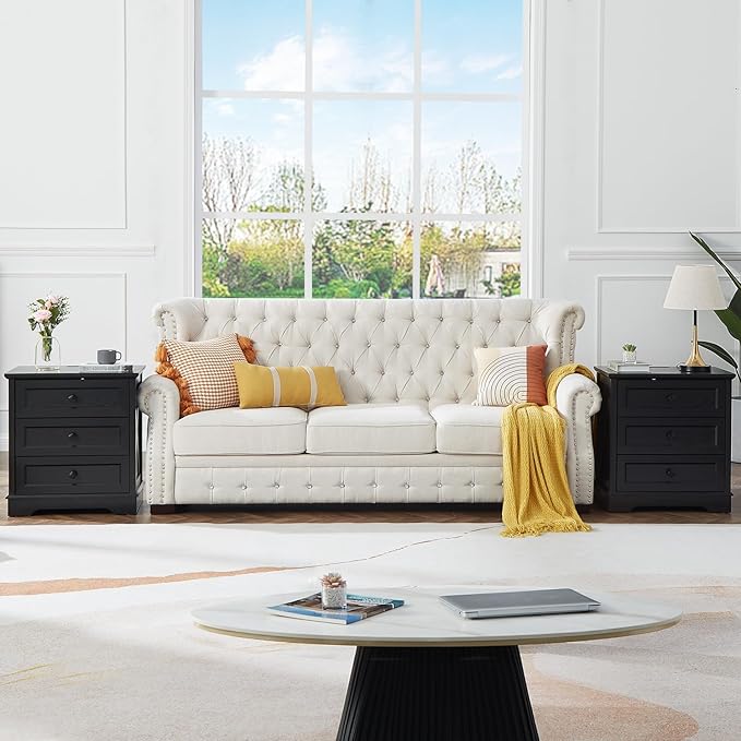 Farmhouse 3 Drawers Dresser for Bedroom, Rustic Small Chest of Drawers with Charging Station, Wood Closet Organizers, Black Modern Tall Nightstand/End Table for Bedroom, Living Room, Entryway