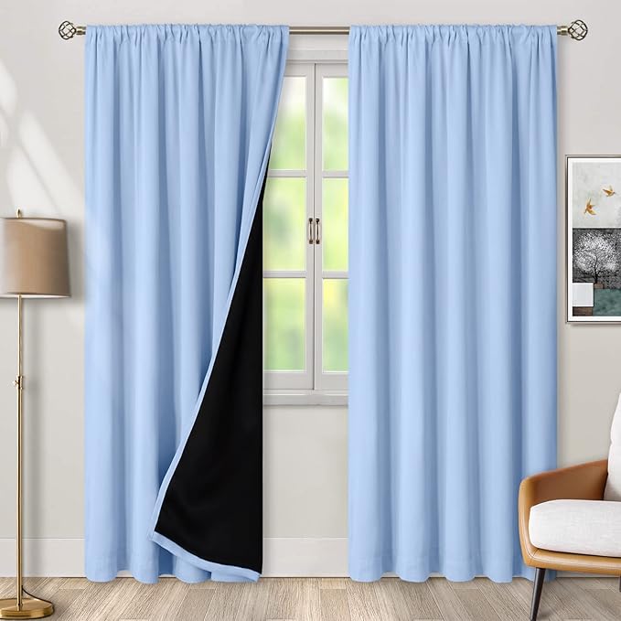 BGment 100% Blackout 80 Inch Curtains with Thermal Insulation Liner, Room Darkening Window Treatment Rod Pocket and Back Tab Double Layer Curtain for Living Room (52 x 80 Inch, 2 Panels, Light Blue)