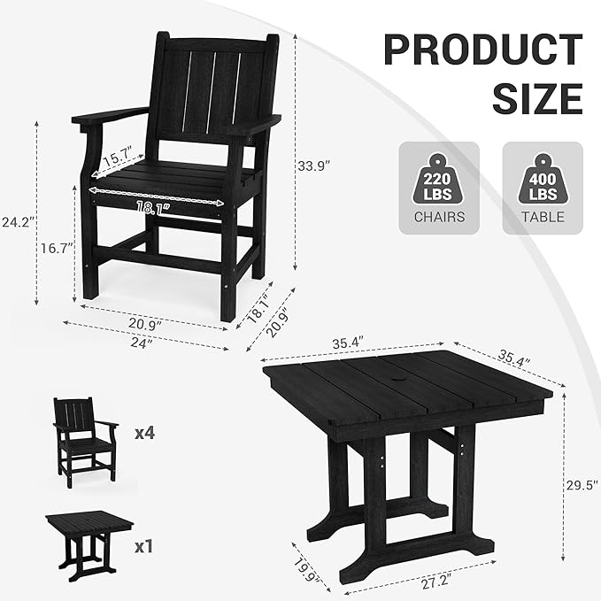 5-Piece HDPE Outdoor Dining Set, Wood-Like Design Outdoor Table and Chairs with Elegant Armrest, All-Weather Patio Table and Chairs Set with Umbrella Hole for Porch, Poolside, Black