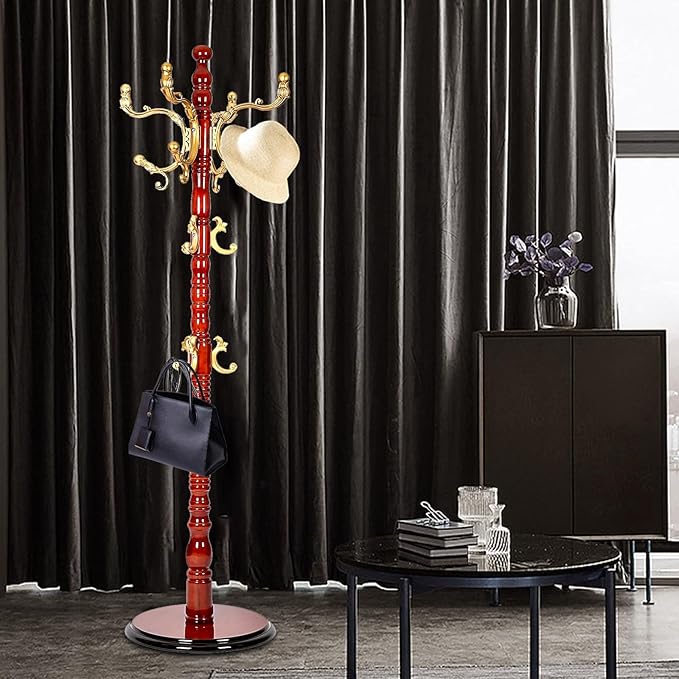 Wooden Coat Rack Stand, High-Grade Coat Racks freestanding with 14 Hooks & Stable disc Base, Easy to Assemble Coat Hanger Stand, for Entryway, Hallway, Bedroom and Office (Begonia)