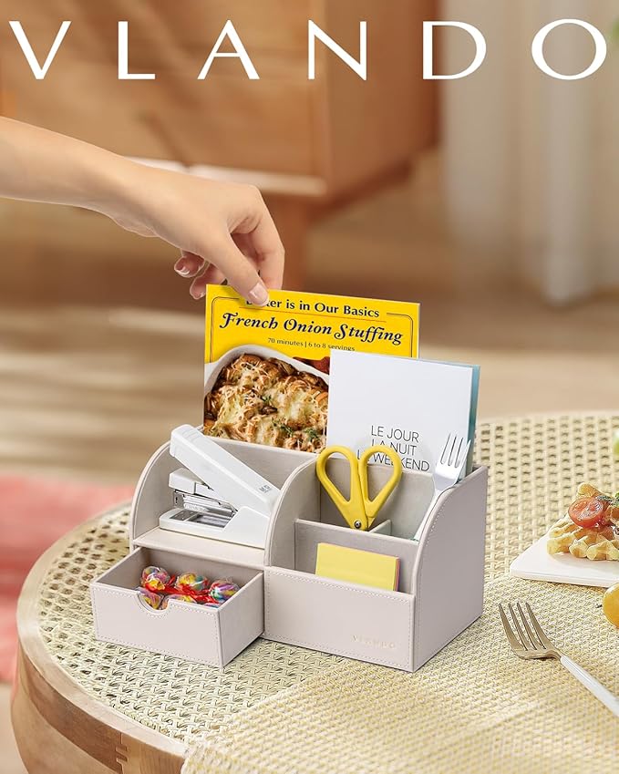 Vlando Office Supplies Desk Organizer Caddy, PU Leather Office Organization and Storage,Desktop Hanging File Letter Document Storage Holder with Drawer Beige