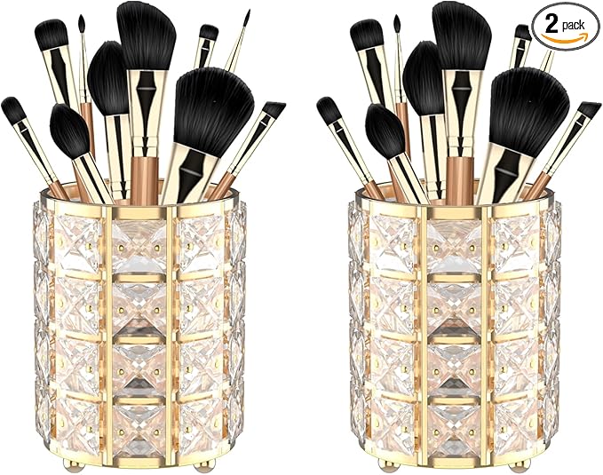 LUGUNU Makeup Brush Holder with Golden Crystal Bling – Elegant Vanity Organizer for Brushes, Pens & Pencils, Ideal for Bathroom or Office Countertop(2Pack)