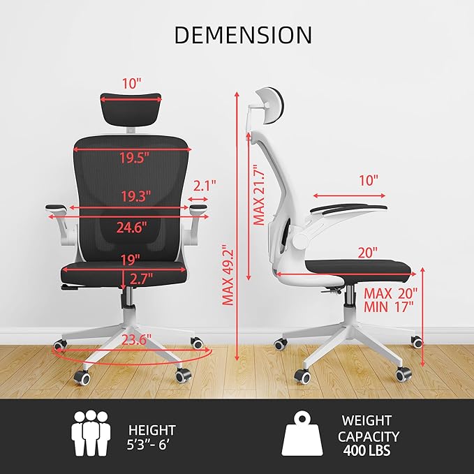 Office Chair Ergonomic Desk Chair, 350 LBS Mesh Office Chair with Lumbar Support, Comfy Desk Chair with Wheels, Big and Tall Chair for Study Work Gaming (Black+White)