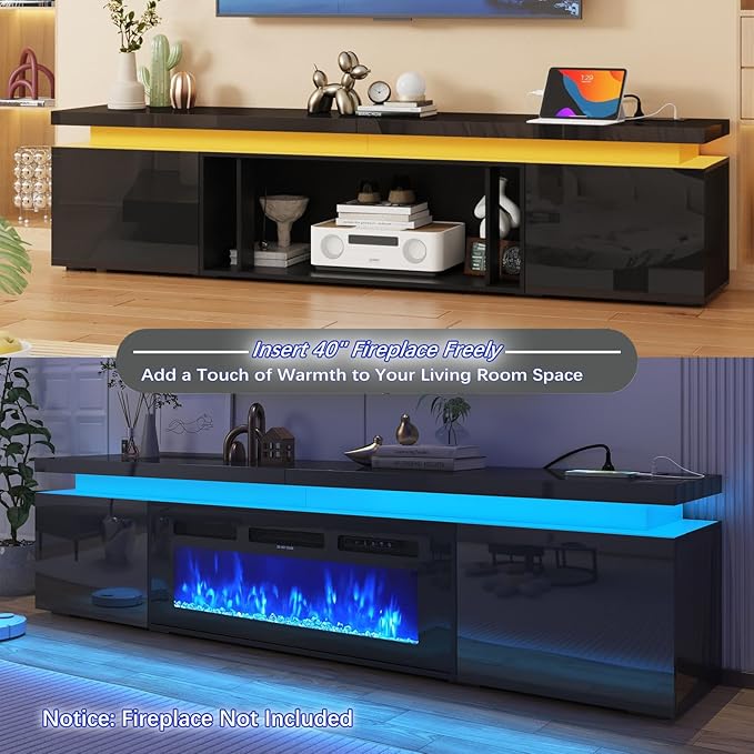 83Inch LED TV Stand for 95Inch TV, Modern TV Stand with Power Outlet, High Gloss TV Console Entertainment Center with Storage for Living Room (83 Inch, Black)