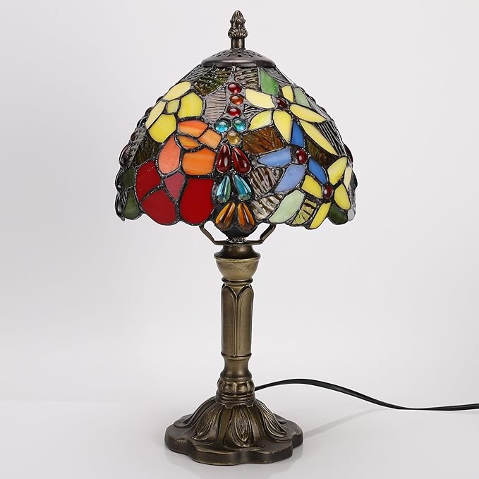 Tiffany Small Table Lamp for Bedroom Set of 2 Bedside Nightstand Lamp Rose Flower Grape Stained Glass Table Lamps for Living Room 3 Light Colors Tempertures Home Office Desk Lamps