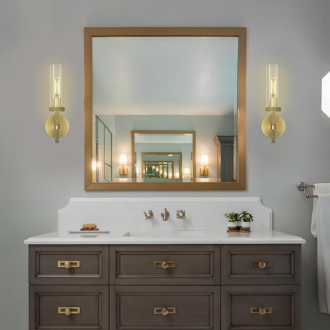 Knurled Brass Wall Sconces Indoors, Glass Tube Sconces Wall Lighting 14", Gold Bathroom Vanity Wall Sconces, Wall Lights For Living Room Bedroom Hallway Kitchen Bathroom Mirror(Including Bulb)