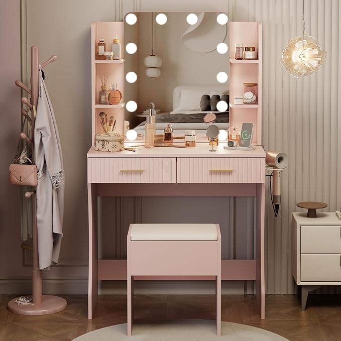 Vanity Desk with LED Lighted Mirror, Makeup Vanity with 3 Adjustable Lights, 2 Large Drawers and 4 Open Shelves, Pink Vanity Table with Storage Stool for Bedroom